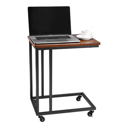 C-förmiger Beistelltisch mit Metallgestell und Rollen, tragbarer C-förmiger Beistelltisch für Wohnzimmer, Schlafzimmer oder Büro, Maße: 50 x 35 x 60,5 cm (19,69 x 13,78 x 23,82 Zoll), braun/schwarz