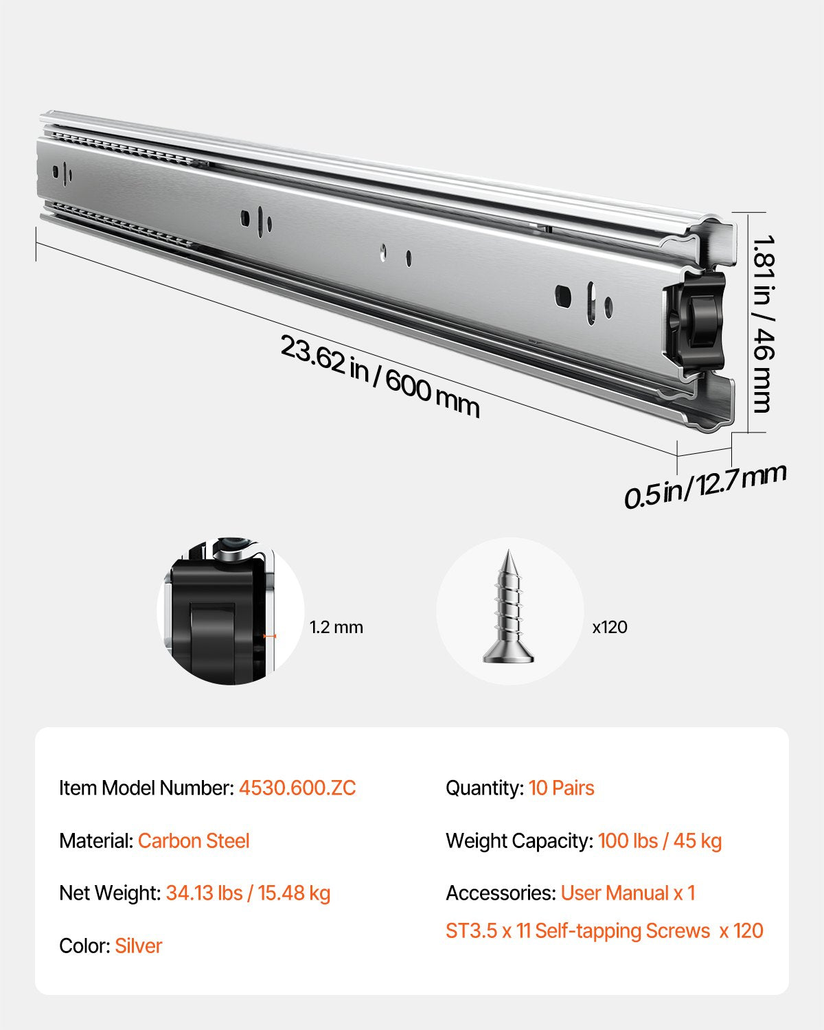 Schubladenschienen, 61 cm (24 Zoll), 10 Paar Vollauszugsschienen mit Kugellager, Tragkraft 45 kg (100 lb), robuste seitliche Montageschienen für Kommodenschubladen, Schubladenschienen für die Küchenreparatur (DIY-Austausch)
