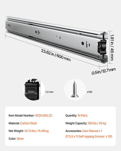 Schubladenschienen, 61 cm (24 Zoll), 10 Paar Vollauszugsschienen mit Kugellager, Tragkraft 45 kg (100 lb), robuste seitliche Montageschienen für Kommodenschubladen, Schubladenschienen für die Küchenreparatur (DIY-Austausch)