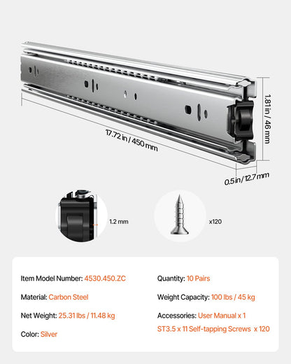 Drawer Slides, 18 inch, 10 Pairs Full Extension Ball Bearing Cabinet Rails, 100 LB Load Capacity Heavy Duty Side Mount Dresser Drawer Slides, Drawer Track Runners for Kitchen DIY Replacement
