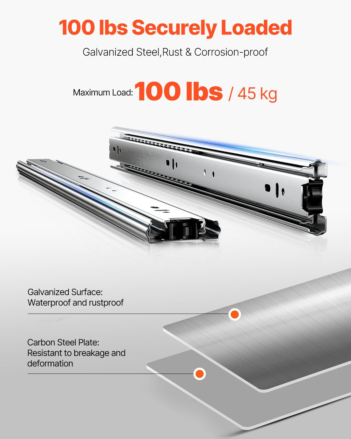 Schubladenschienen, 50,8 cm (20 Zoll), 10 Paar Vollauszugsschienen mit Kugellager, Tragkraft 45 kg (100 lb), robuste seitliche Montageschienen für Kommodenschubladen, Schubladenschienen für die Küchenreparatur (DIY-Austausch)