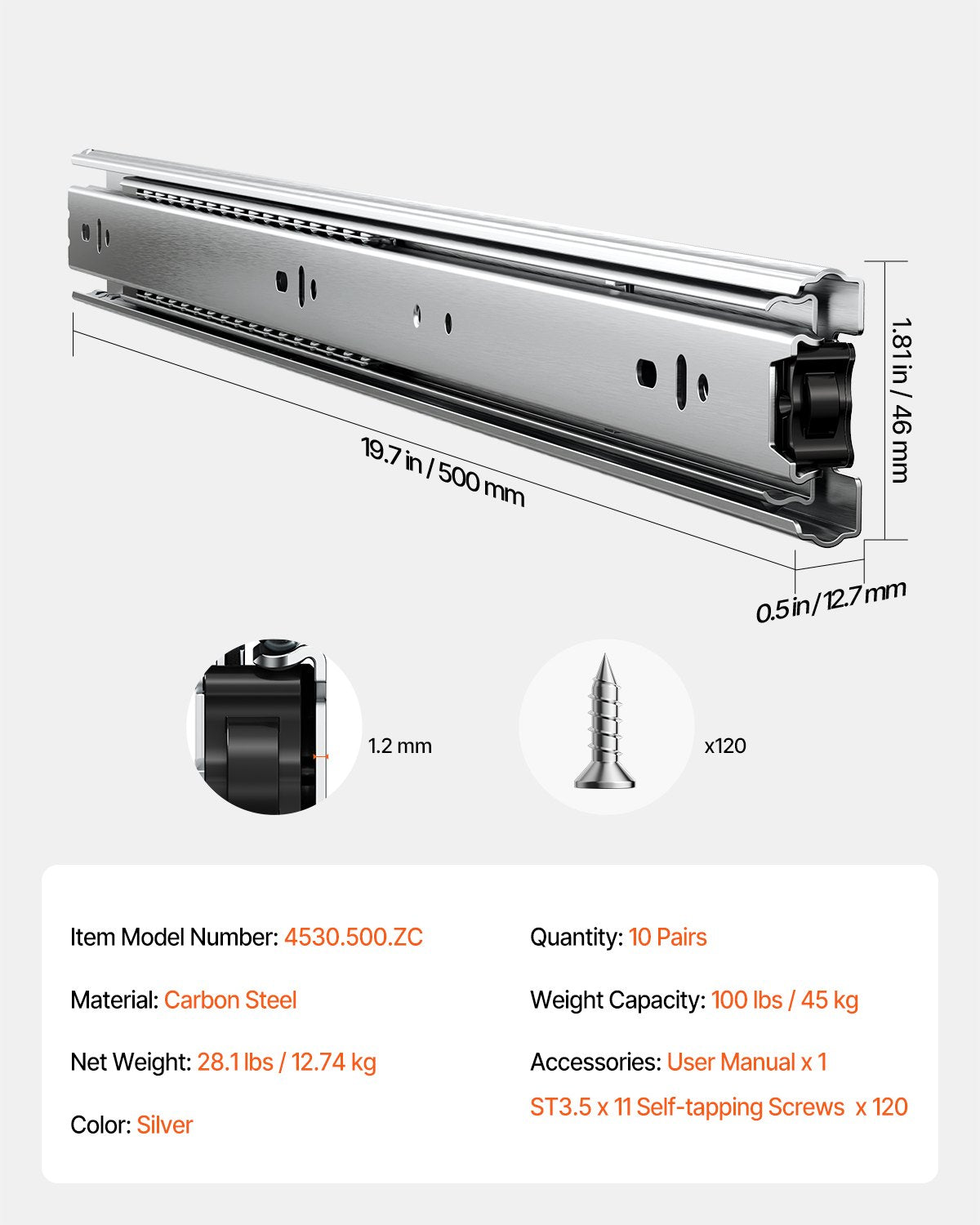 Schubladenschienen, 50,8 cm (20 Zoll), 10 Paar Vollauszugsschienen mit Kugellager, Tragkraft 45 kg (100 lb), robuste seitliche Montageschienen für Kommodenschubladen, Schubladenschienen für die Küchenreparatur (DIY-Austausch)