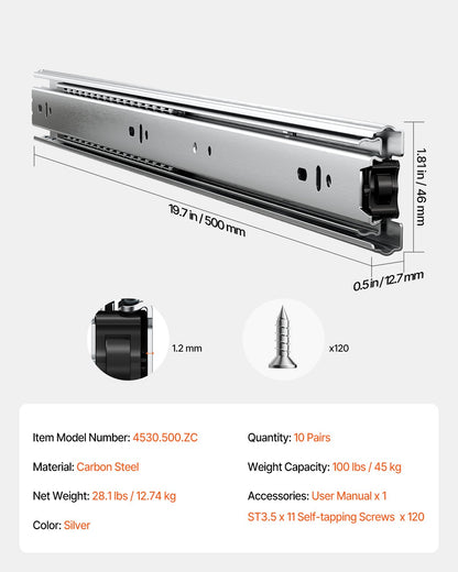 Schubladenschienen, 50,8 cm (20 Zoll), 10 Paar Vollauszugsschienen mit Kugellager, Tragkraft 45 kg (100 lb), robuste seitliche Montageschienen für Kommodenschubladen, Schubladenschienen für die Küchenreparatur (DIY-Austausch)