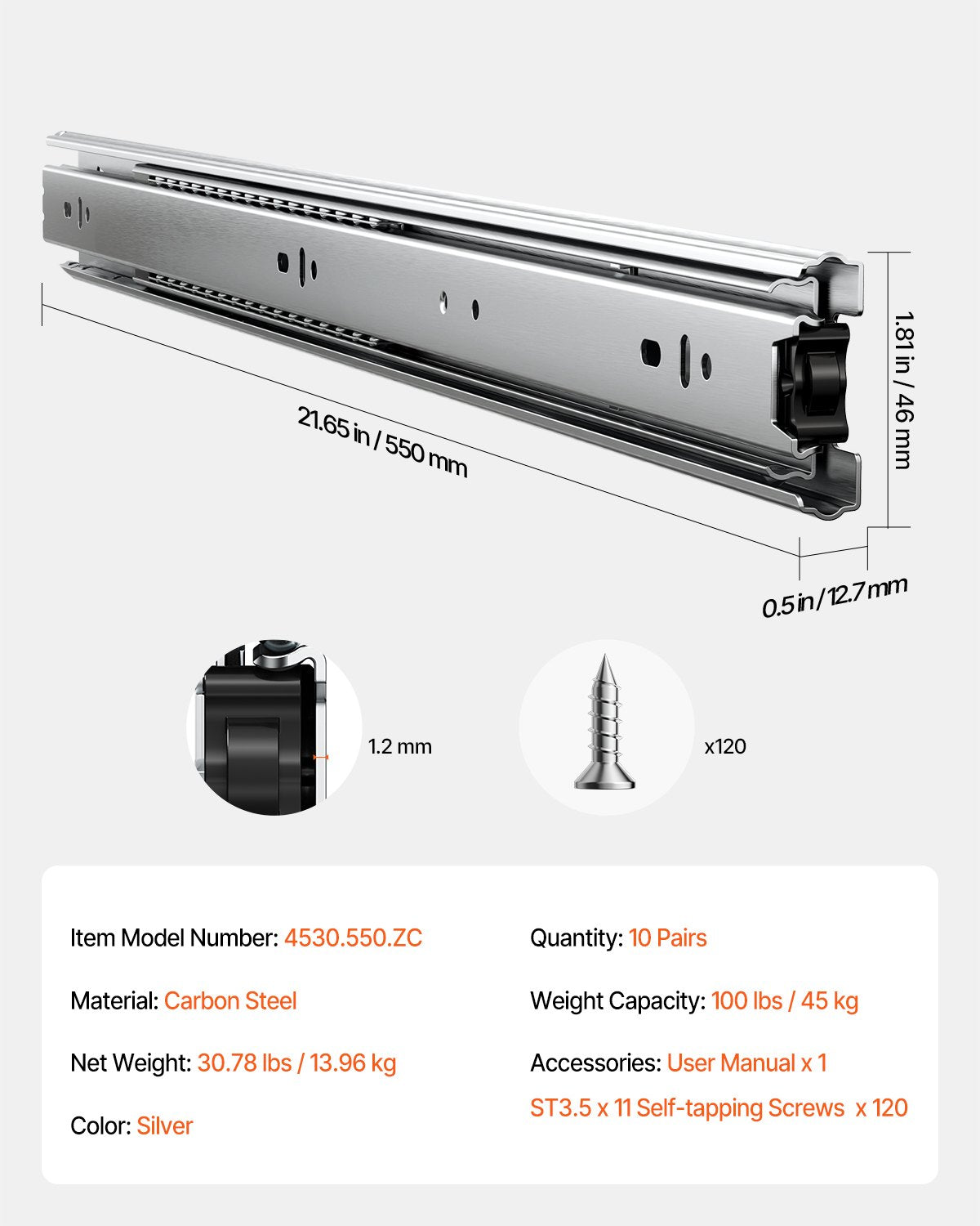 Drawer Slides, 22 inch, 10 Pairs Full Extension Ball Bearing Cabinet Rails, 100 LB Load Capacity Heavy Duty Side Mount Dresser Drawer Slides, Drawer Track Runners for Kitchen DIY Replacement
