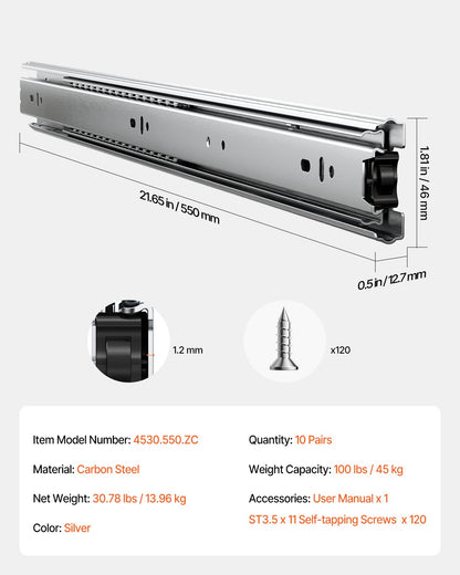 Drawer Slides, 22 inch, 10 Pairs Full Extension Ball Bearing Cabinet Rails, 100 LB Load Capacity Heavy Duty Side Mount Dresser Drawer Slides, Drawer Track Runners for Kitchen DIY Replacement