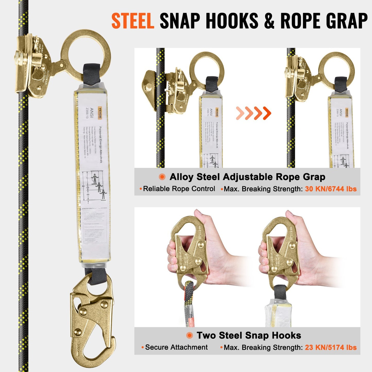 Vertical Lifeline, 150ft (45.7m) Outdoor Climbing Rope 30KN Breaking Tension, Static Rock Climbing Rope with Steel Snap Hooks and Rope Grap, for Escape, Outdoor Adventures, and Lumbering, Black & Yellow