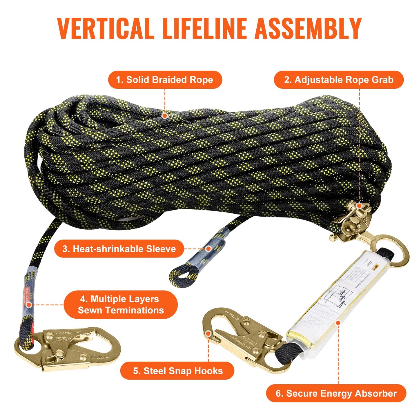 Vertical Lifeline, 150ft (45.7m) Outdoor Climbing Rope 30KN Breaking Tension, Static Rock Climbing Rope with Steel Snap Hooks and Rope Grap, for Escape, Outdoor Adventures, and Lumbering, Black & Yellow