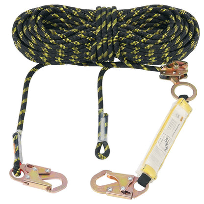 Vertical Lifeline, 150ft (45.7m) Outdoor Climbing Rope 30KN Breaking Tension, Static Rock Climbing Rope with Steel Snap Hooks and Rope Grap, for Escape, Outdoor Adventures, and Lumbering, Black & Yellow