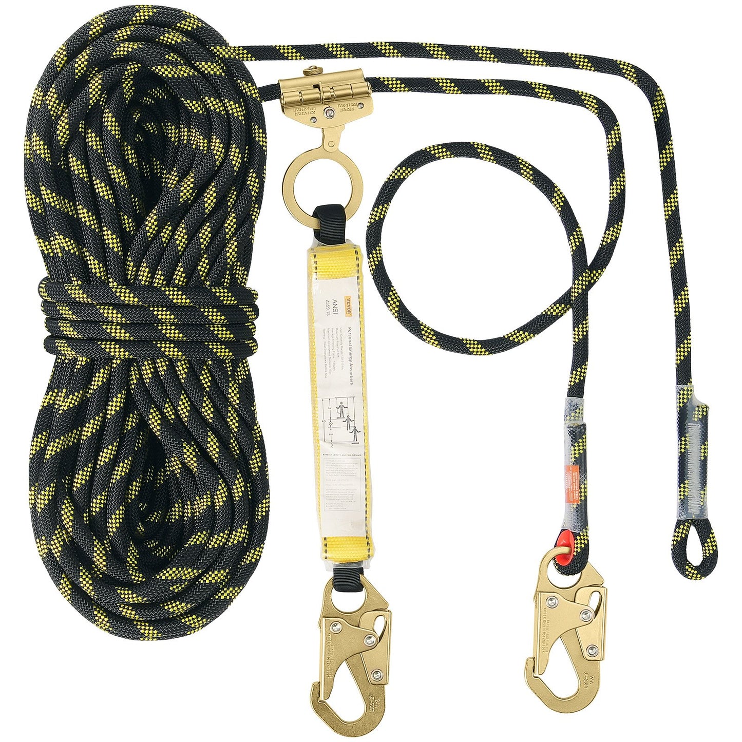 Vertical Lifeline, 150ft (45.7m) Outdoor Climbing Rope 30KN Breaking Tension, Static Rock Climbing Rope with Steel Snap Hooks and Rope Grap, for Escape, Outdoor Adventures, and Lumbering, Black & Yellow