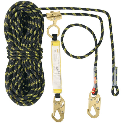 Vertical Lifeline, 150ft (45.7m) Outdoor Climbing Rope 30KN Breaking Tension, Static Rock Climbing Rope with Steel Snap Hooks and Rope Grap, for Escape, Outdoor Adventures, and Lumbering, Black & Yellow