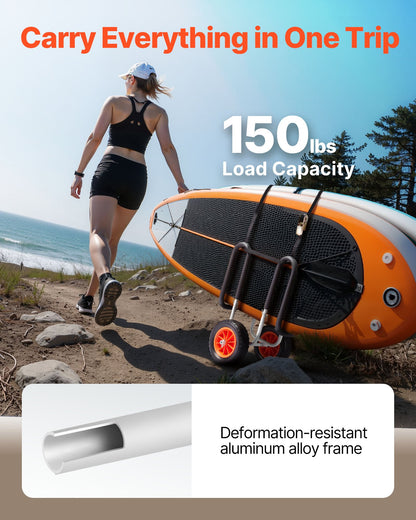 Kayak Cart, 68.0 kg Load Capacity, Stand Up Paddle Board Trolley with 25.4 cm Solid Rubber Tires & Kickstands, Paddle Board Carrier with Ratchet Strap for Paddleboard & Surfboard Transport