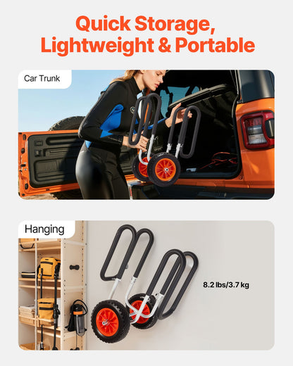 Kayak Cart, 68.0 kg Load Capacity, Stand Up Paddle Board Trolley with 25.4 cm Solid Rubber Tires & Kickstands, Paddle Board Carrier with Ratchet Strap for Paddleboard & Surfboard Transport