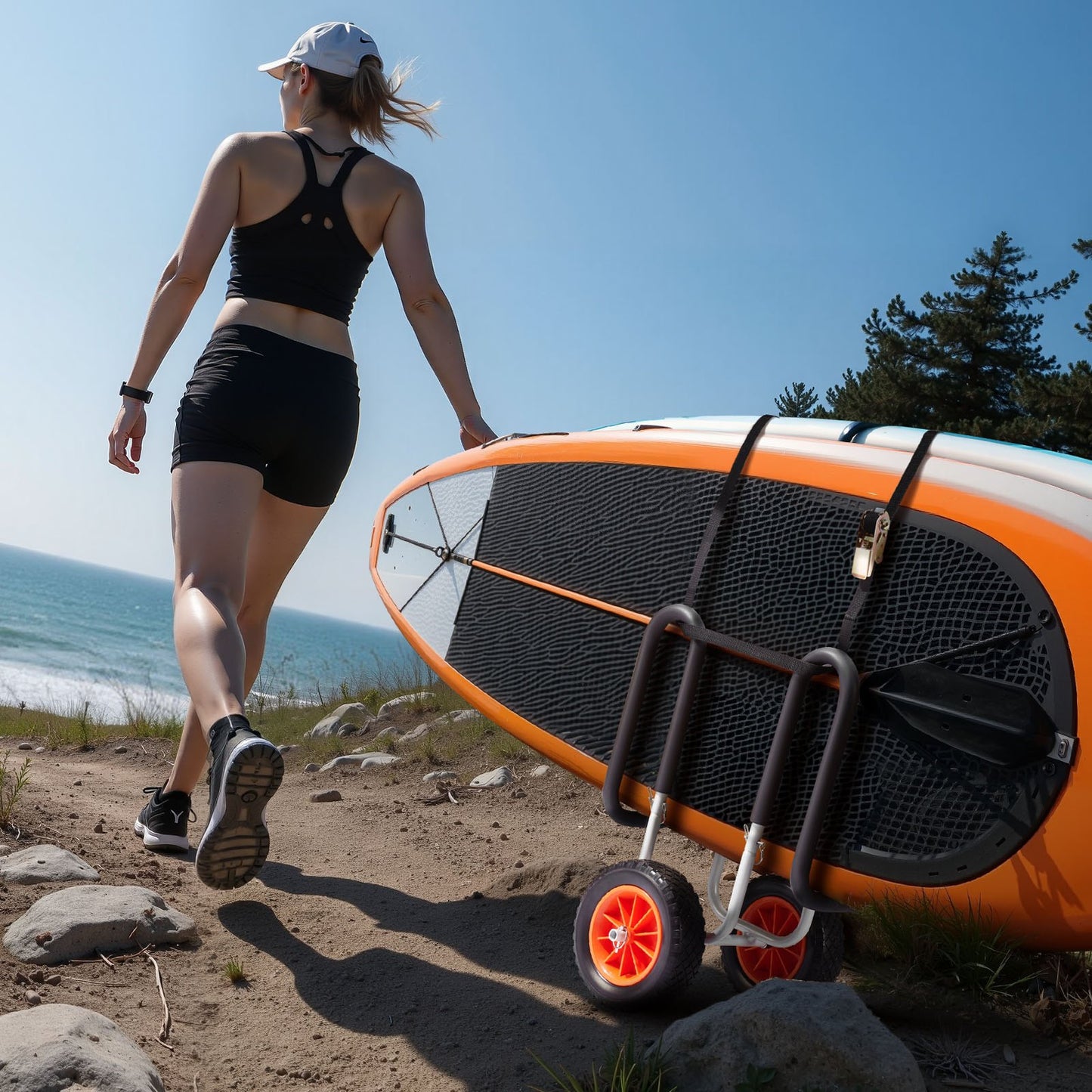 Kayak Cart, 68.0 kg Load Capacity, Stand Up Paddle Board Trolley with 25.4 cm Solid Rubber Tires & Kickstands, Paddle Board Carrier with Ratchet Strap for Paddleboard & Surfboard Transport