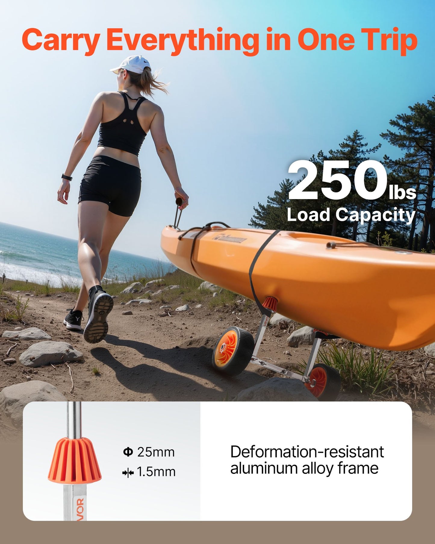 Kayak Cart, 113.4 kg Load Capacity, Canoe Cart Dolly with 19.1 cm Solid Rubber Tires & Kickstand, Assembles & Disassembles Within Seconds, Paddle Board Trolley for Kayaks, Canoes, Paddleboards