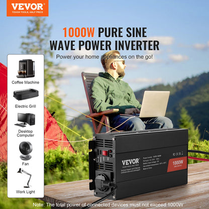 Pure Sine Wave Inverter, 1000 Watt, DC 12V to AC 230V Power Inverter with 2 AC Outlets 2 USB Port 1 Type-C Port, Remote Control for Small Home Devices like Smartphone Laptop, CE FCC Certified