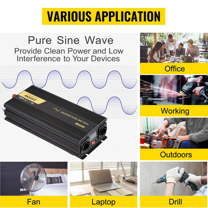 Pure Sine Wave Inverter 2500W Power Inverter DC 12V AC 230V, Car Inverter USB Port LCD Display Remote Controller, Safety Protections, Power Converter For RV Trucks Boats And Emergency
