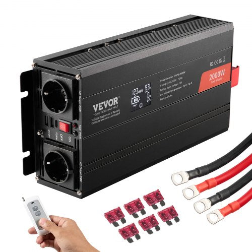 Reiner Sinus-Wechselrichter, 2000 Watt, 12 V Gleichstrom auf 230 V Wechselstrom, mit 2 Steckdosen, 2 USB-Anschlüssen, 1 USB-C-Anschluss, LCD-Display und Fernbedienung für mittelgroße Haushaltsgeräte, CE- und FCC-zertifiziert
