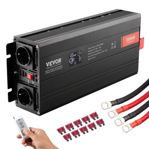 Reiner Sinus-Wechselrichter, 3000 Watt, 12 V Gleichstrom auf 230 V Wechselstrom, mit 2 Steckdosen, 2 USB-Anschlüssen, 1 USB-C-Anschluss, LCD-Display und Fernbedienung für große Haushaltsgeräte, CE- und FCC-zertifiziert