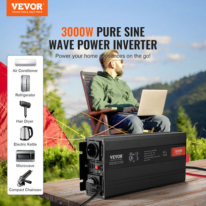 Pure Sine Wave Inverter, 3000 Watt, DC 12V to AC 230V Power Inverter with 2 AC Outlets 2 USB Port 1 Type-C Port, LCD Display and Remote Controller for Large Home Appliances, CE FCC Certified