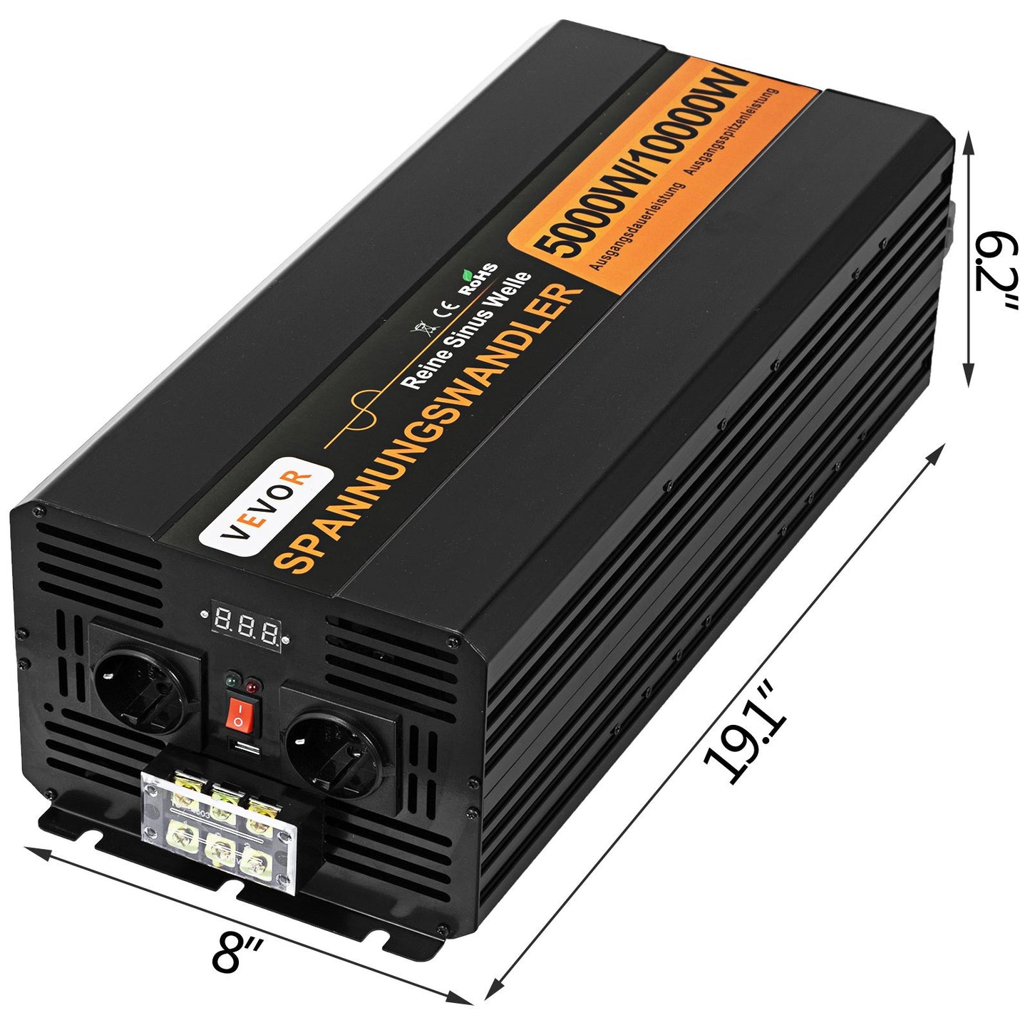 Pure Sine Wave Power Inverter 5000W 24V DC to 230V AC 50Hz Peak Power 10000W for Appliances and Solar System Emergency
