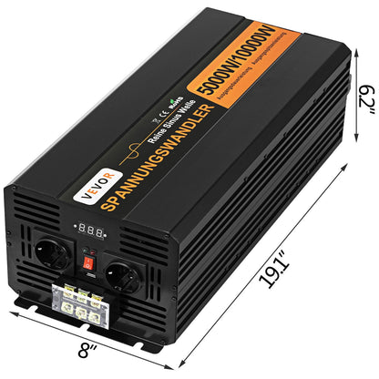 Pure Sine Wave Power Inverter 5000W 24V DC to 230V AC 50Hz Peak Power 10000W for Appliances and Solar System Emergency