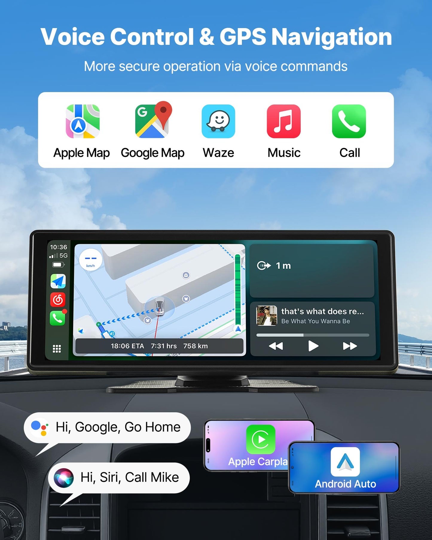 Kabelloses Autoradio, tragbares 254-mm-HD-Touchscreen-Radio, kompatibel mit Apple CarPlay und Android Auto, CarPlay-Bildschirm für das Auto mit Sprachsteuerung, MirrorLink, Bluetooth und GPS-Navigation