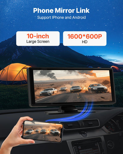 Kabelloses Autoradio, tragbares 254-mm-HD-Touchscreen-Radio, kompatibel mit Apple CarPlay und Android Auto, CarPlay-Bildschirm für das Auto mit Sprachsteuerung, MirrorLink, Bluetooth und GPS-Navigation