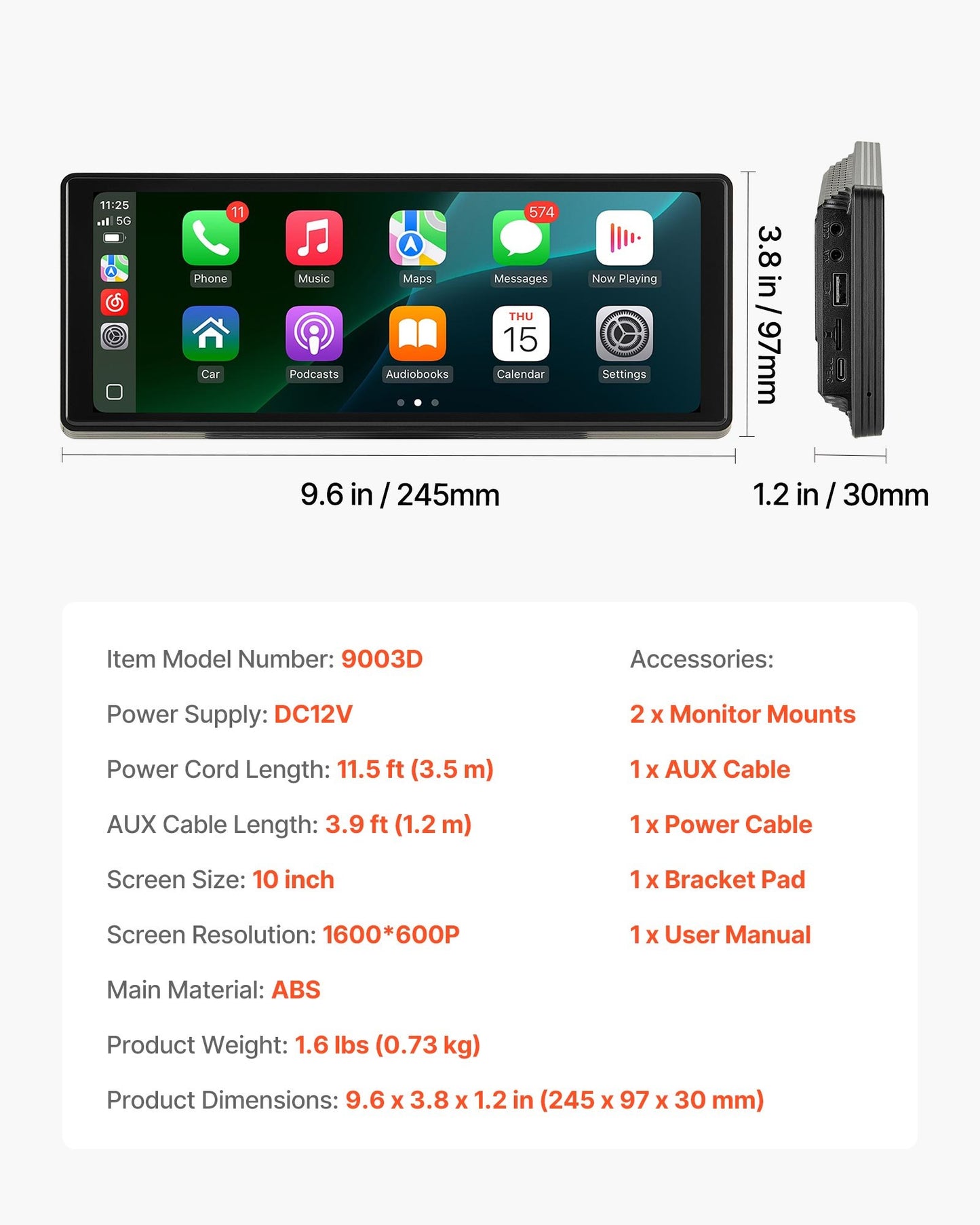 Kabelloses Autoradio, tragbares 254-mm-HD-Touchscreen-Radio, kompatibel mit Apple CarPlay und Android Auto, CarPlay-Bildschirm für das Auto mit Sprachsteuerung, MirrorLink, Bluetooth und GPS-Navigation