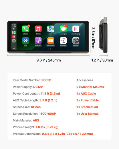 Kabelloses Autoradio, tragbares 254-mm-HD-Touchscreen-Radio, kompatibel mit Apple CarPlay und Android Auto, CarPlay-Bildschirm für das Auto mit Sprachsteuerung, MirrorLink, Bluetooth und GPS-Navigation