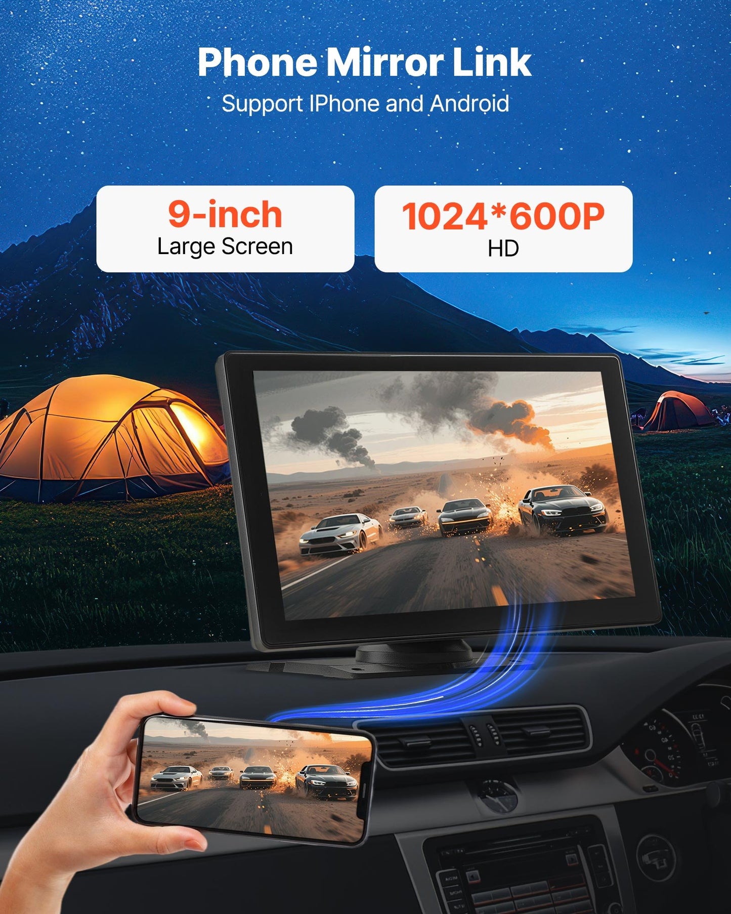 Kabelloses Autoradio, tragbarer 228,6-mm-HD-Touchscreen mit Apple CarPlay und Android Auto, CarPlay-Bildschirm mit Front- und Rückfahrkamera, Sprachsteuerung, MirrorLink, Bluetooth, GPS-Navigation