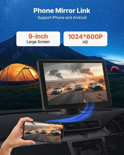 Kabelloses Autoradio, tragbarer 228,6-mm-HD-Touchscreen mit Apple CarPlay und Android Auto, CarPlay-Bildschirm mit Front- und Rückfahrkamera, Sprachsteuerung, MirrorLink, Bluetooth, GPS-Navigation