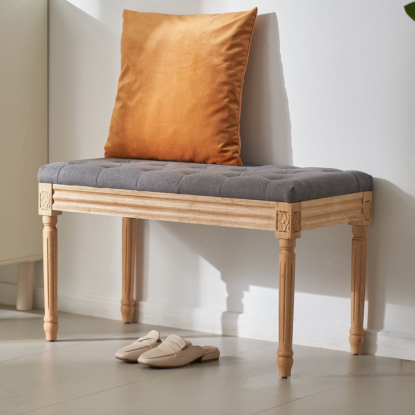 Gepolsterte Hockerbank, 40 cm breit, mit Schaumstoffpolsterung und Beinen aus Gummibaumholz, gepolsterter Fußhocker, Eingangsbereichbank für Esszimmer, Wohnzimmer, Schlafzimmer, Flur, Grau