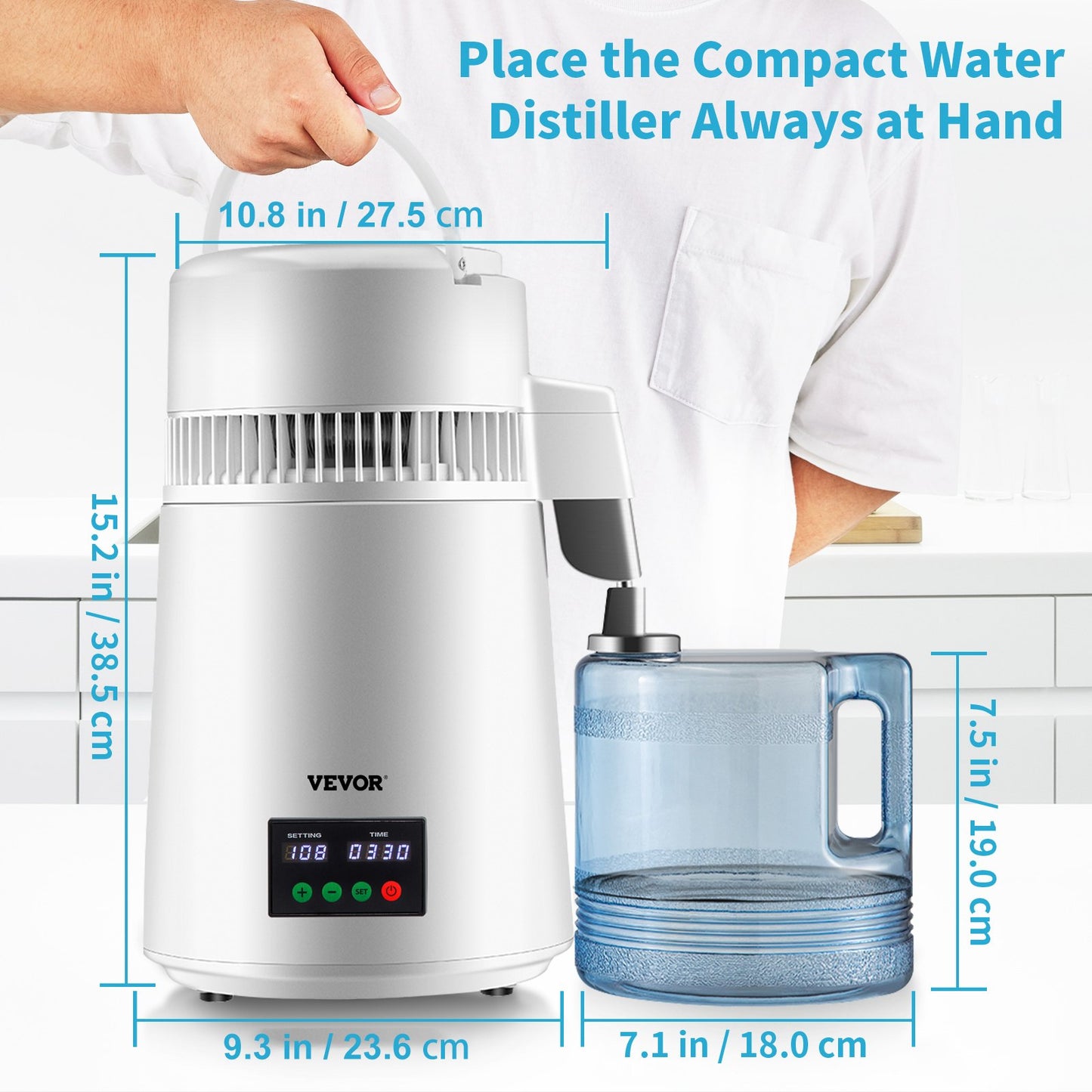 4L Water Distiller 1L/H Distilled Water Maker Timing & Temp Display White