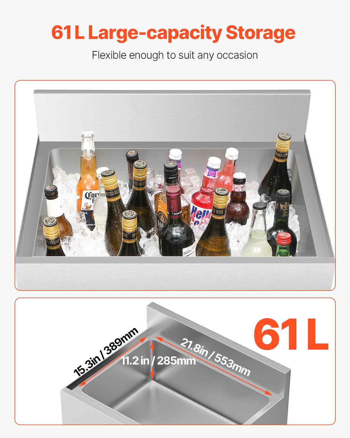 Commercial Ice Bin, 61 L Underbar Ice Bin, 24 x 19 x 37 in Stainless Steel Ice Chest with Sliding Lid, Bottle Holders, Adjustable Bullet Feet, Cooler Cart Cocktail Unit for Bar Restaurant Pub