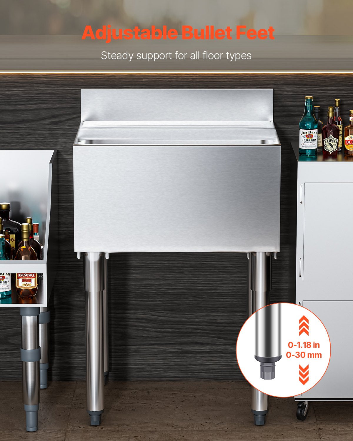 Commercial Ice Bin, 61 L Underbar Ice Bin, 24 x 19 x 37 in Stainless Steel Ice Chest with Sliding Lid, Bottle Holders, Adjustable Bullet Feet, Cooler Cart Cocktail Unit for Bar Restaurant Pub