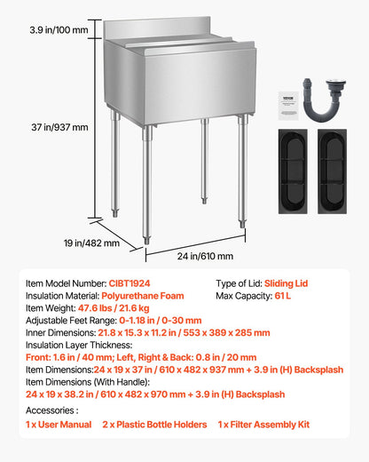 Commercial Ice Bin, 61 L Underbar Ice Bin, 24 x 19 x 37 in Stainless Steel Ice Chest with Sliding Lid, Bottle Holders, Adjustable Bullet Feet, Cooler Cart Cocktail Unit for Bar Restaurant Pub