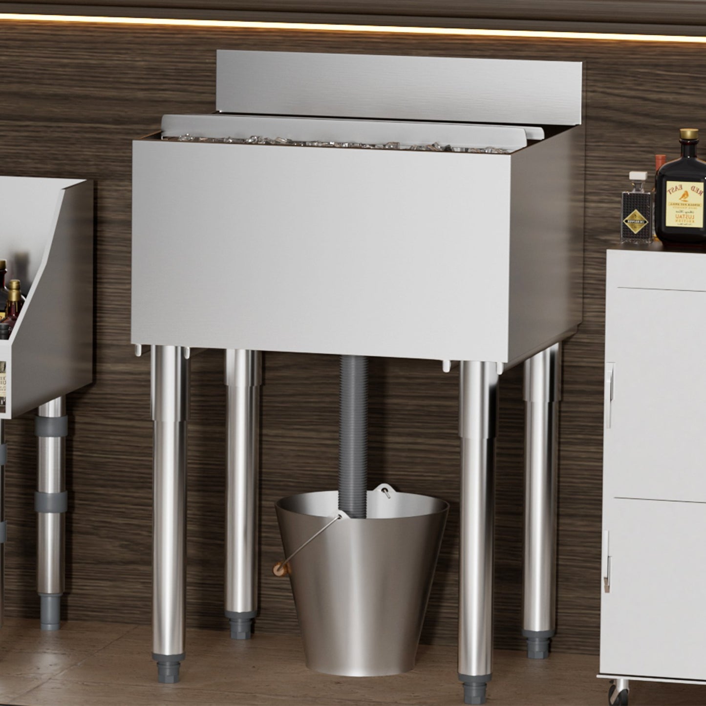 Commercial Ice Bin, 61 L Underbar Ice Bin, 24 x 19 x 37 in Stainless Steel Ice Chest with Sliding Lid, Bottle Holders, Adjustable Bullet Feet, Cooler Cart Cocktail Unit for Bar Restaurant Pub