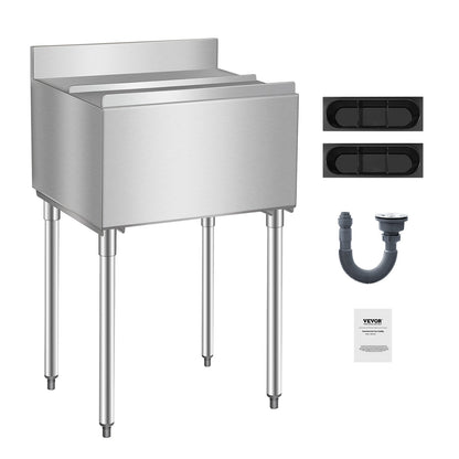 Commercial Ice Bin, 61 L Underbar Ice Bin, 24 x 19 x 37 in Stainless Steel Ice Chest with Sliding Lid, Bottle Holders, Adjustable Bullet Feet, Cooler Cart Cocktail Unit for Bar Restaurant Pub