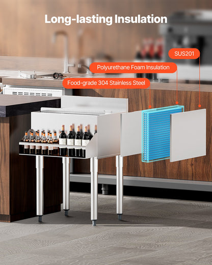 Commercial Ice Bin, 61.6 L Underbar Ice Bin, 24 x 24.2 x 37 in Stainless Steel Ice Chest with Sliding Lid, Bottle Holders, and Adjustable Bullet Feet, Cocktail Unit for Bar, Restaurant & Pub