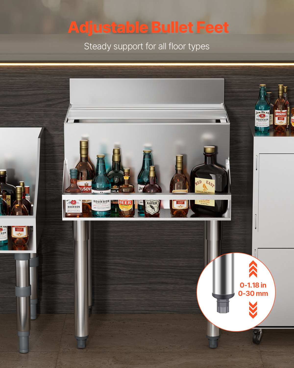 Commercial Ice Bin, 61.6 L Underbar Ice Bin, 24 x 24.2 x 37 in Stainless Steel Ice Chest with Sliding Lid, Bottle Holders, and Adjustable Bullet Feet, Cocktail Unit for Bar, Restaurant & Pub