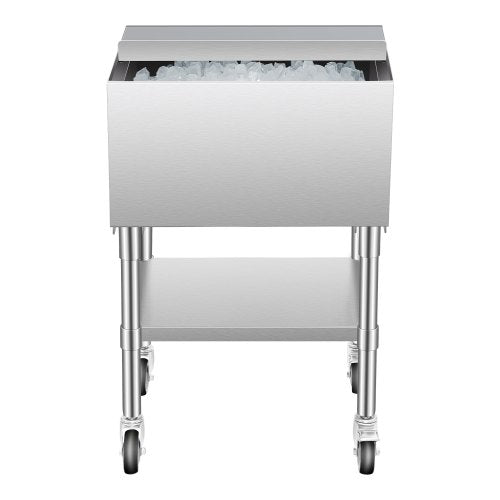 Commercial Ice Bin, 61.6 L Rolling Ice Chest on Wheels, 24 x 19.1 x 36.8 in Stainless Steel Cooler Cart with Sliding Lid, Bottom Storage Tray, Adjustable Bullet Feet, for Bar, Restaurant, Pub