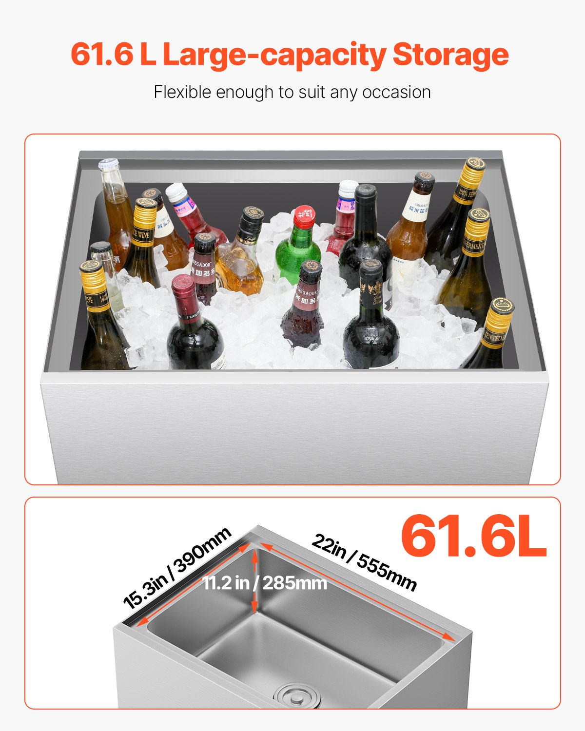 Commercial Ice Bin, 61.6 L Rolling Ice Chest on Wheels, 24 x 19.1 x 36.8 in Stainless Steel Cooler Cart with Sliding Lid, Bottom Storage Tray, Adjustable Bullet Feet, for Bar, Restaurant, Pub