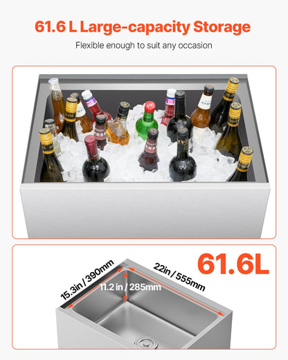 Commercial Ice Bin, 61.6 L Rolling Ice Chest on Wheels, 24 x 19.1 x 36.8 in Stainless Steel Cooler Cart with Sliding Lid, Bottom Storage Tray, Adjustable Bullet Feet, for Bar, Restaurant, Pub