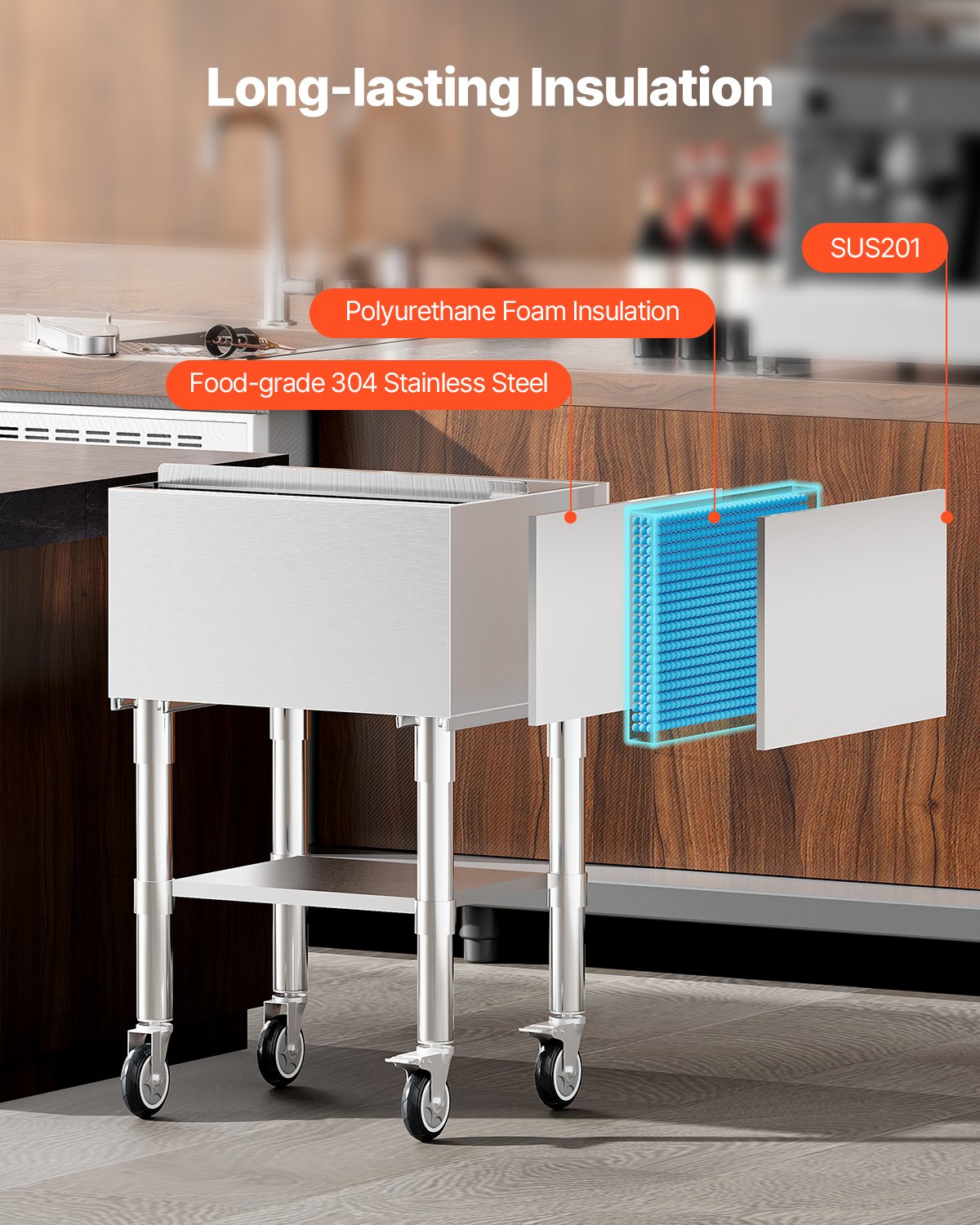 Commercial Ice Bin, 61.6 L Rolling Ice Chest on Wheels, 24 x 19.1 x 36.8 in Stainless Steel Cooler Cart with Sliding Lid, Bottom Storage Tray, Adjustable Bullet Feet, for Bar, Restaurant, Pub