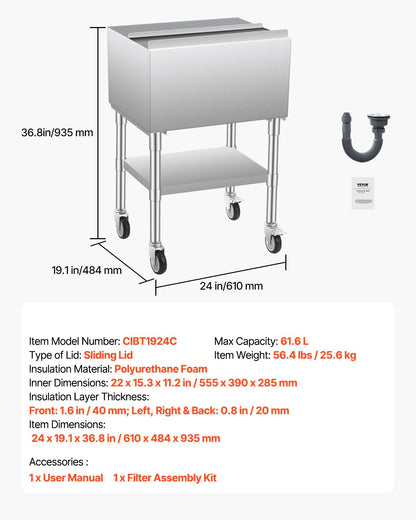 Commercial Ice Bin, 61.6 L Rolling Ice Chest on Wheels, 24 x 19.1 x 36.8 in Stainless Steel Cooler Cart with Sliding Lid, Bottom Storage Tray, Adjustable Bullet Feet, for Bar, Restaurant, Pub