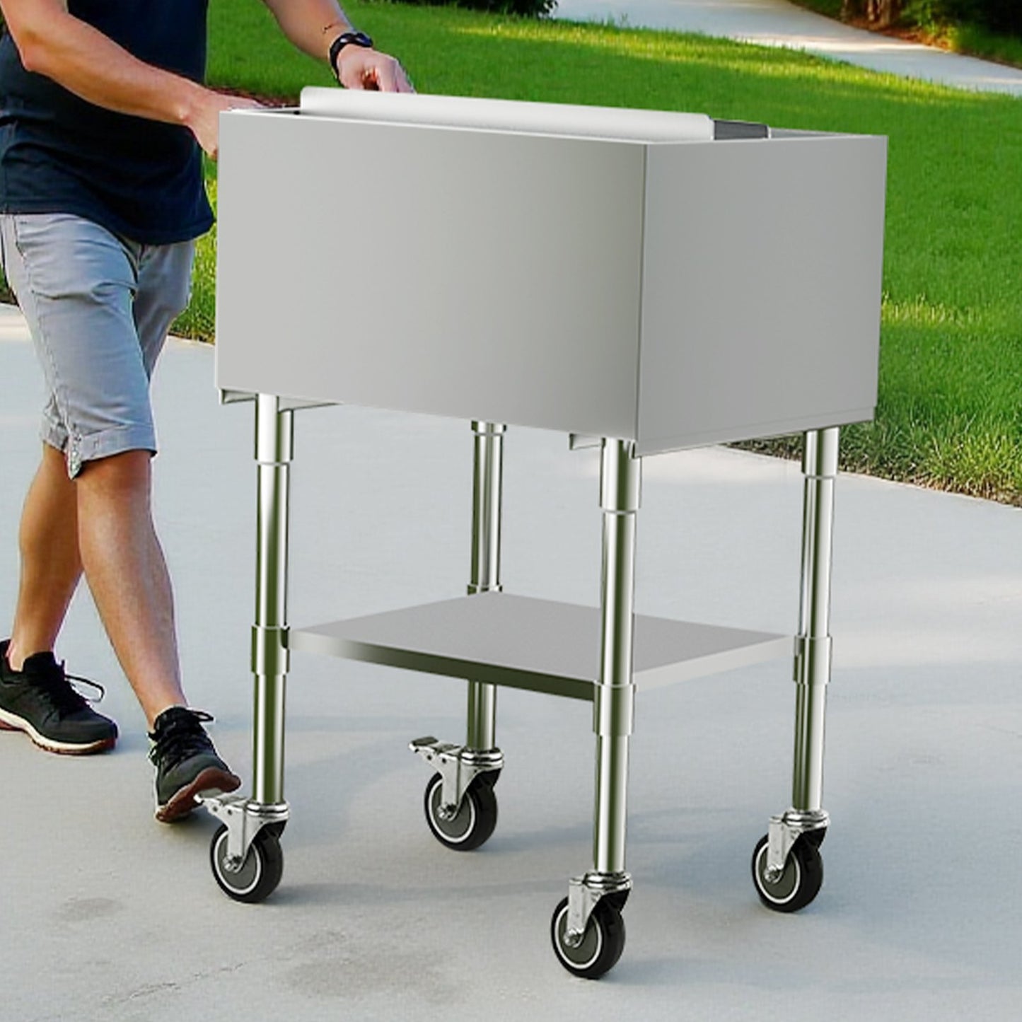 Commercial Ice Bin, 61.6 L Rolling Ice Chest on Wheels, 24 x 19.1 x 36.8 in Stainless Steel Cooler Cart with Sliding Lid, Bottom Storage Tray, Adjustable Bullet Feet, for Bar, Restaurant, Pub