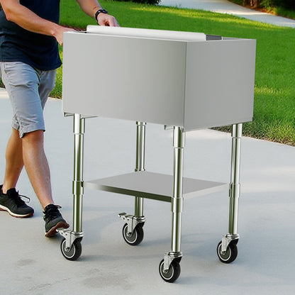 Commercial Ice Bin, 61.6 L Rolling Ice Chest on Wheels, 24 x 19.1 x 36.8 in Stainless Steel Cooler Cart with Sliding Lid, Bottom Storage Tray, Adjustable Bullet Feet, for Bar, Restaurant, Pub