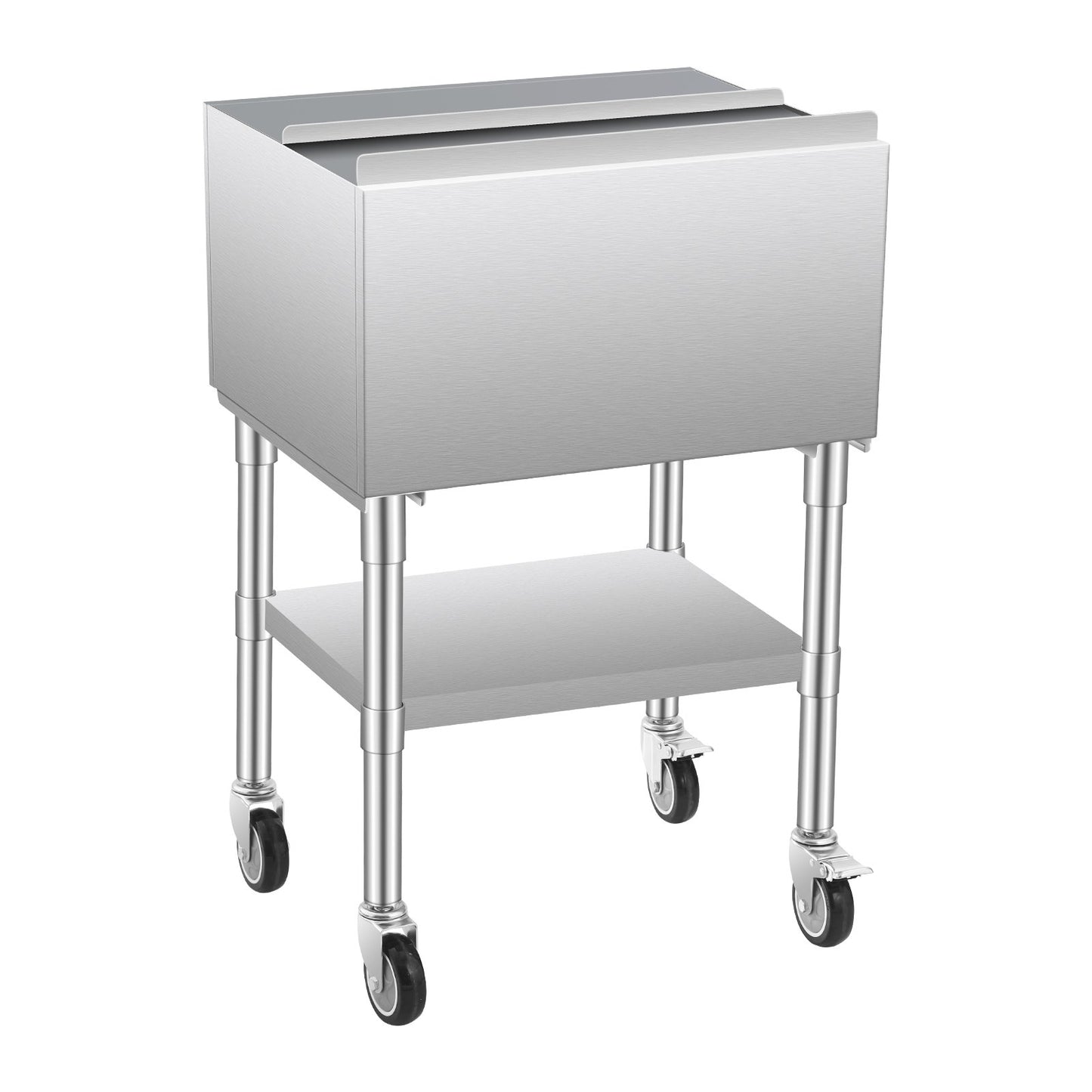 Commercial Ice Bin, 61.6 L Rolling Ice Chest on Wheels, 24 x 19.1 x 36.8 in Stainless Steel Cooler Cart with Sliding Lid, Bottom Storage Tray, Adjustable Bullet Feet, for Bar, Restaurant, Pub