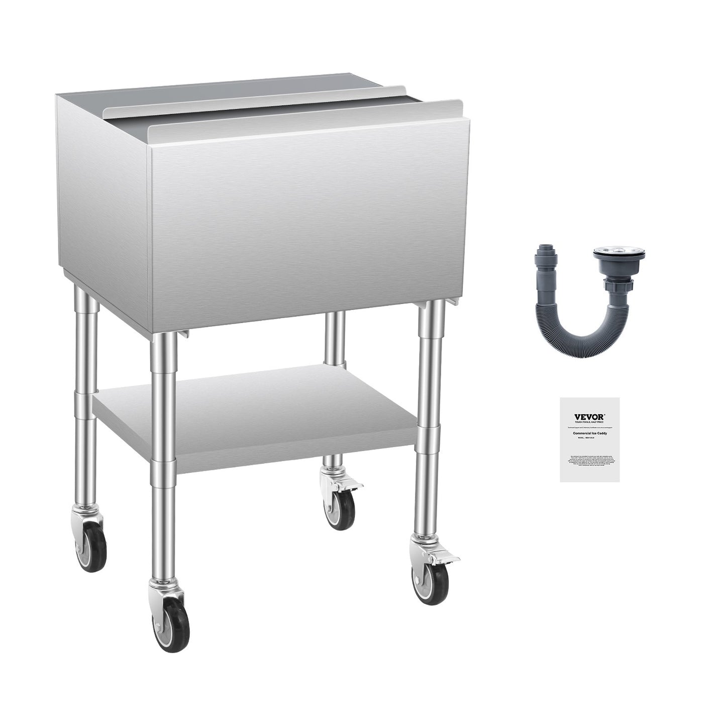 Commercial Ice Bin, 61.6 L Rolling Ice Chest on Wheels, 24 x 19.1 x 36.8 in Stainless Steel Cooler Cart with Sliding Lid, Bottom Storage Tray, Adjustable Bullet Feet, for Bar, Restaurant, Pub