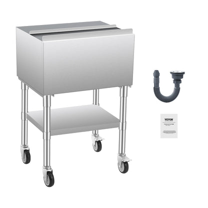 Commercial Ice Bin, 61.6 L Rolling Ice Chest on Wheels, 24 x 19.1 x 36.8 in Stainless Steel Cooler Cart with Sliding Lid, Bottom Storage Tray, Adjustable Bullet Feet, for Bar, Restaurant, Pub